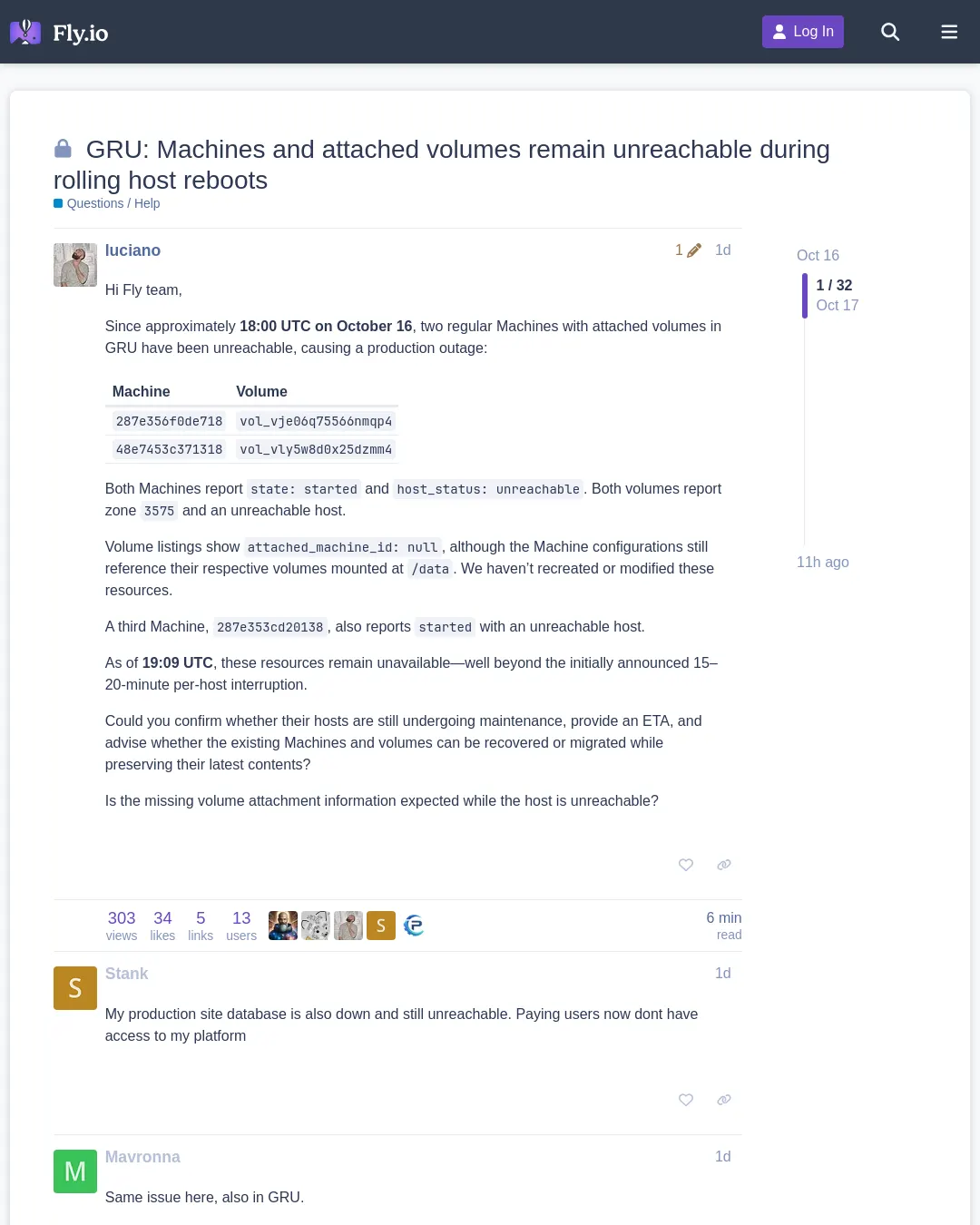 원문 캡처 · community.fly.io