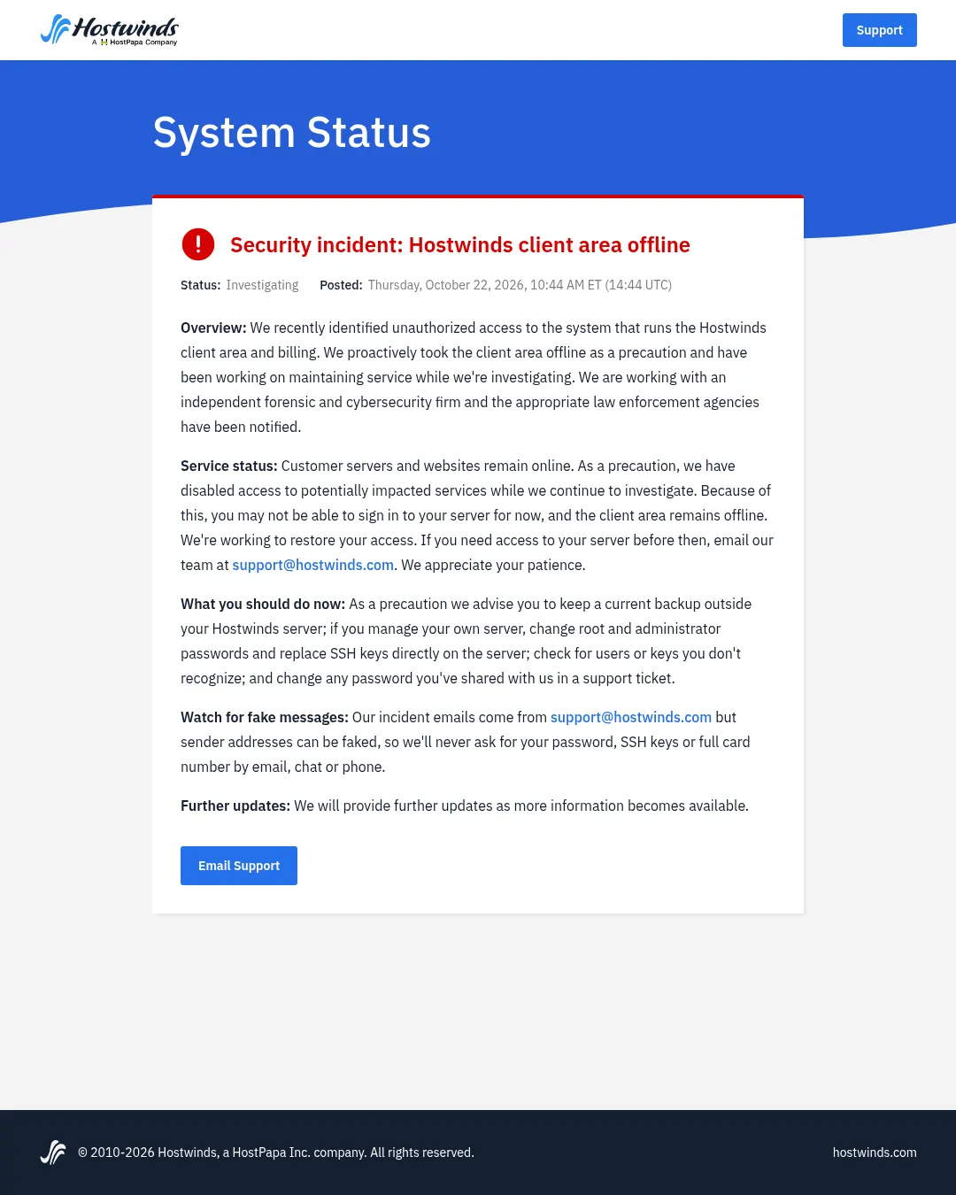 원문 캡처 · status.hostwinds.com