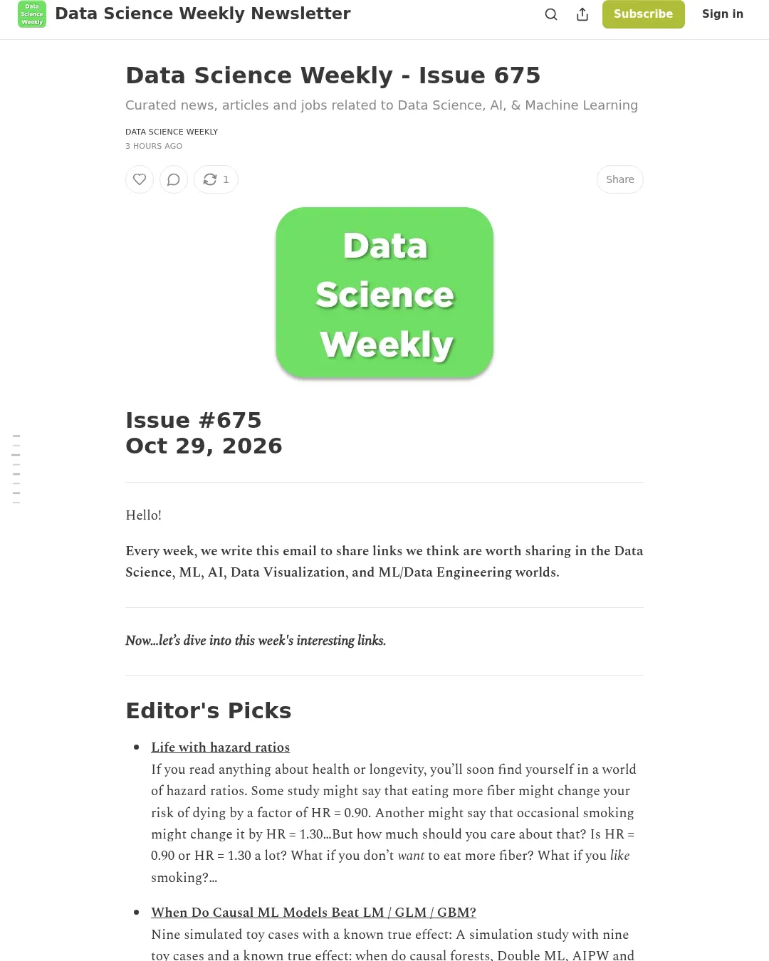 원문 캡처 · datascienceweekly.substack.com