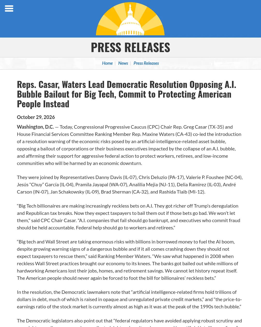 원문 캡처 · progressives.house.gov