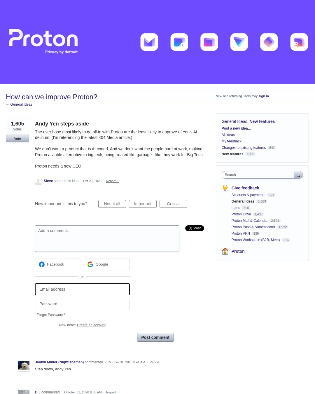원문 캡처 · protonmail.uservoice.com